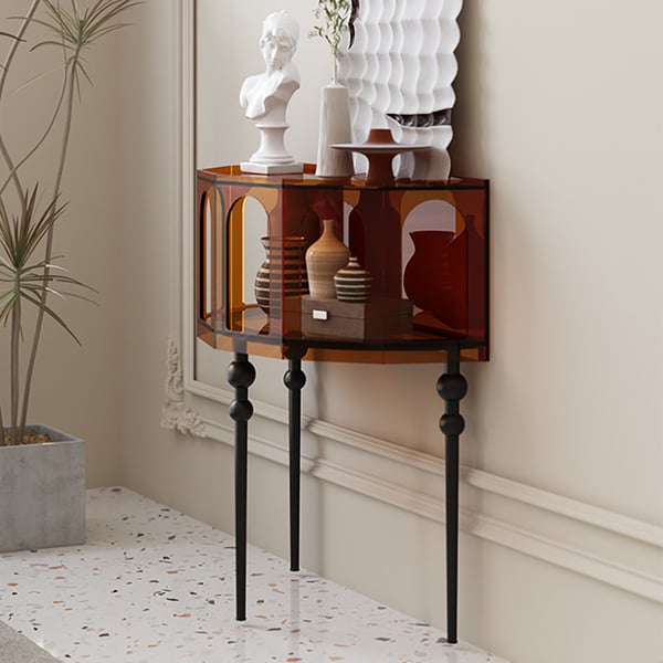 37" Brown Acrylic Demilune Console Table Open Storage Mid Century ...