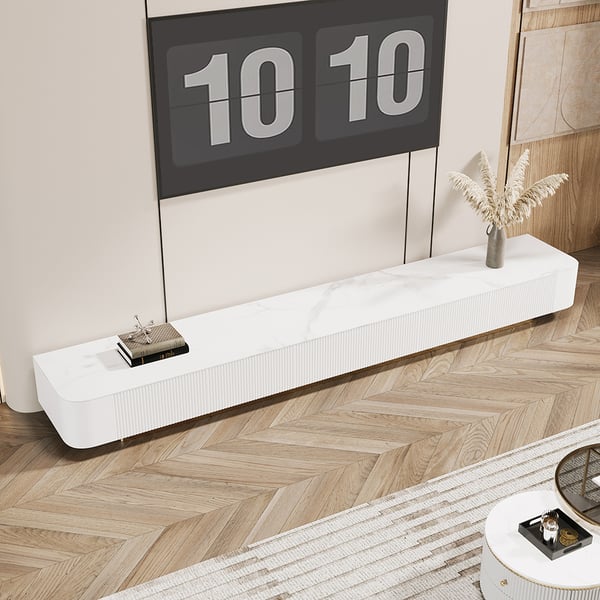 94.5" White Wood Fluted Low TV Stand for Projector with 5 Drawer Modern Stone Top Homary