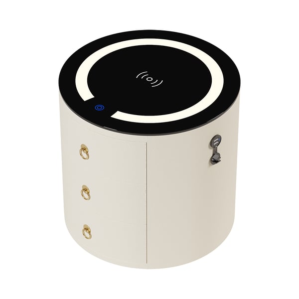 Modern OffWhite Round Nightstand with Light & Wireless Charging