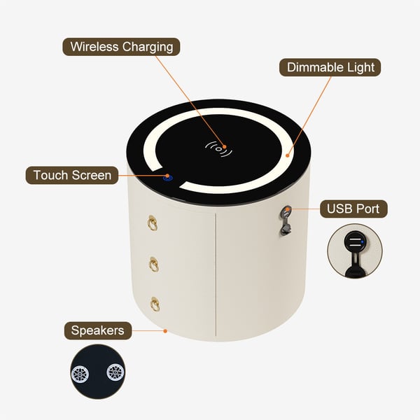 Modern OffWhite Round Nightstand with Light & Wireless Charging