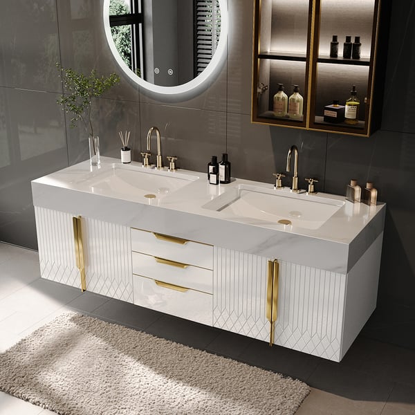 1500mm White Wall Mounted Double Bathroom Vanity with Drawers & Doors Faux Marble Top