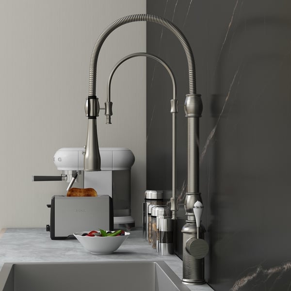 High Arc Dual-Mode Pull-Down Kitchen Faucet Solid Brass with Porcelain Handle