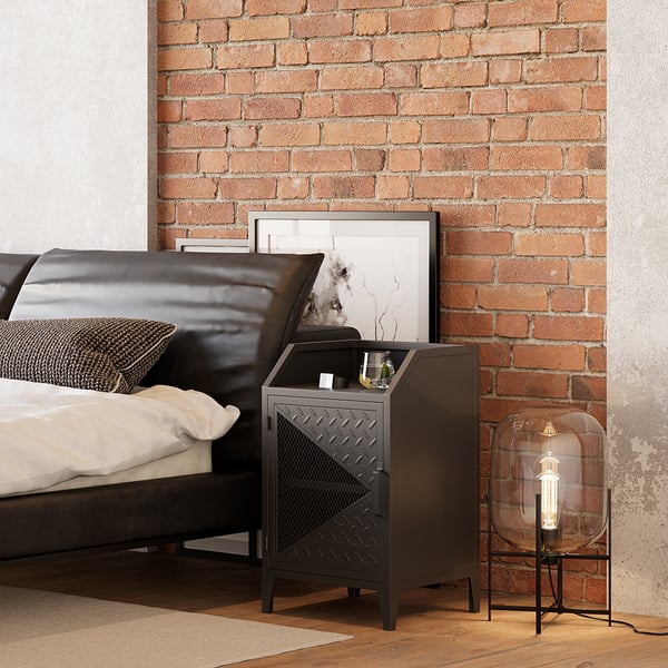 Industrial Black Metal Nightstand with Storage Bedside Table with Door