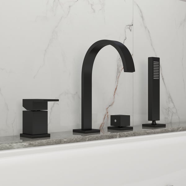 Dree Waterfall Spout Deck-Mount 4-Hole Bath Tap with Hand Shower in Matte Black Brass