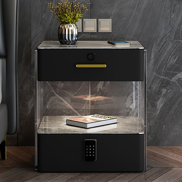 Modern Black Smart Leather Nightstand with Light & Sintered Stone Top & Fingerprint LockHomary