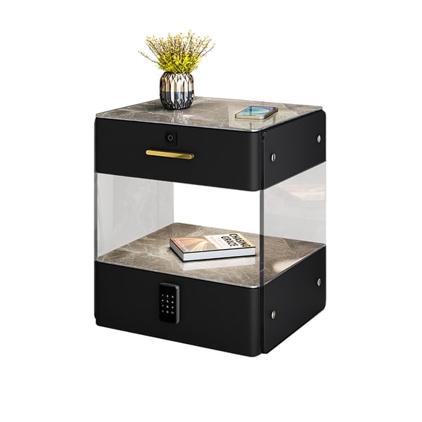 Modern Black Smart Leather Nightstand with Light & Sintered Stone Top