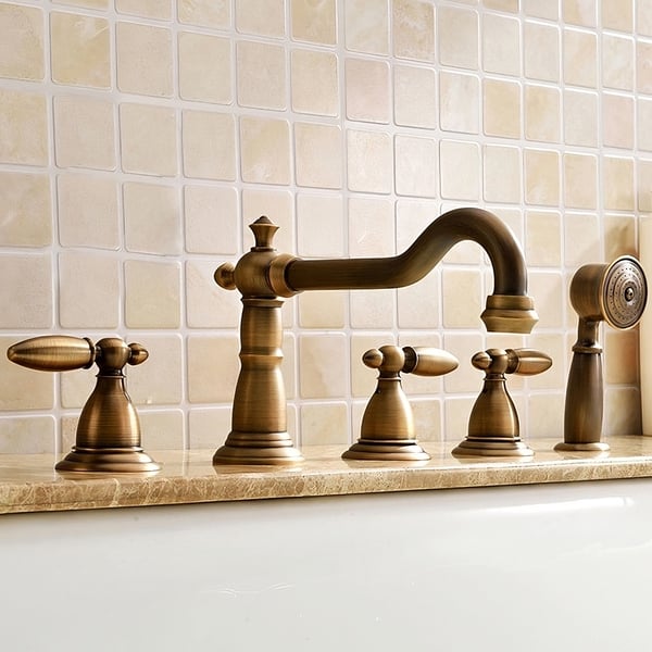 Deck Mounted Roman Bathtub Faucet with Handshower Solid Brass in Antique Brass Homary