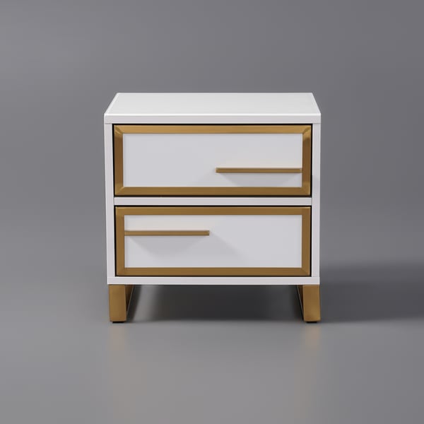 Modern White Bedside Table Lacquered 2Drawer with Golden Stainless