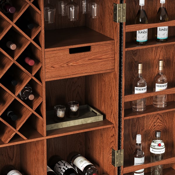 Industrial Black Leather Fold Out Home Bar on Wheels with