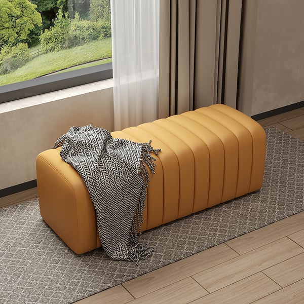 1200mm Modern Orange Leather Entryway Bench Leather Upholstered Channel Tufted Bench Homary UK