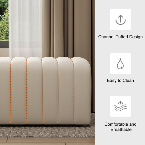 47.2'' Modern White Leather Entryway Bench Leather Upholstered Channel