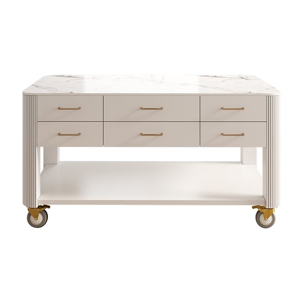 60" White Kitchen Island with Wheels Modern Kitchen Drawers