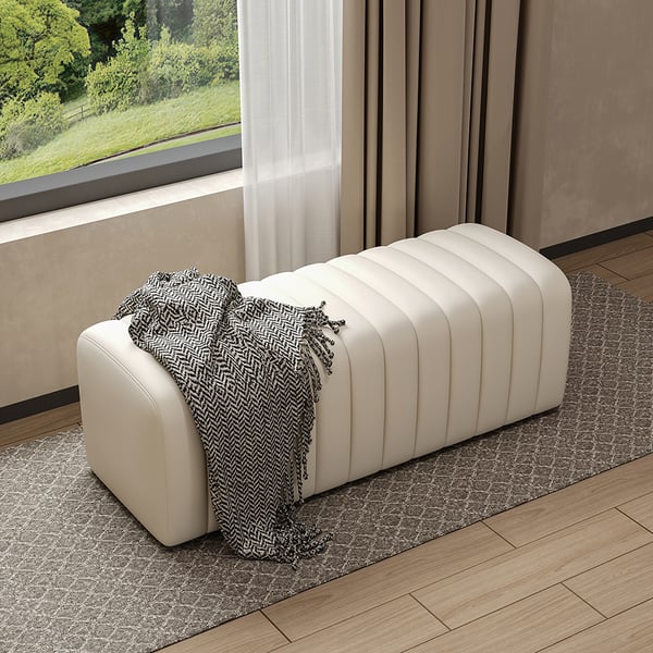 1200mm Modern White Leather Entryway Bench Leather Upholstered Channel