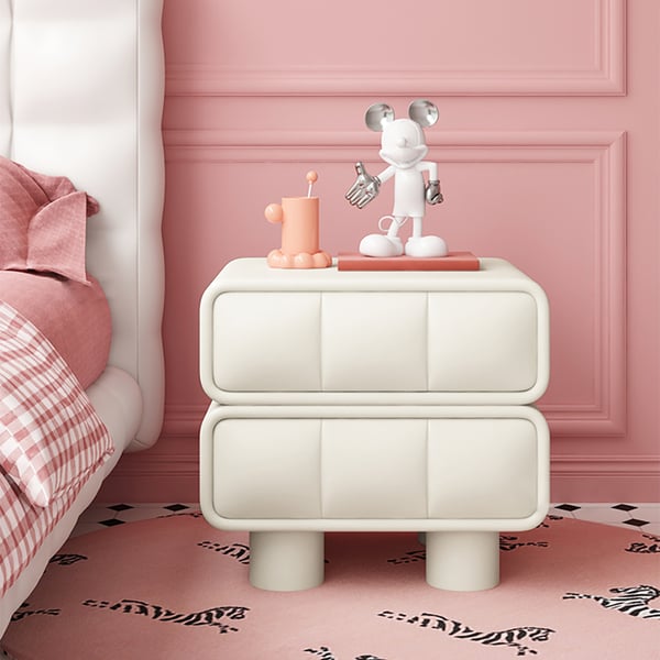 Modern White Leather Smart Nightstand with Wireless Charger & USB Port