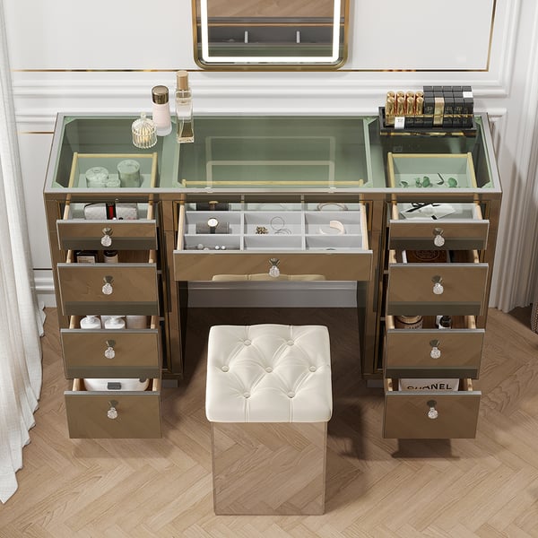 Glam Mirrored Makeup Vanity Set 9Drawer Dressing Table with Glass Top