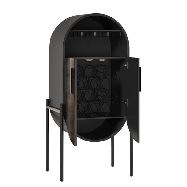 Industrial Black Oval Bar with Glass & Wine Rack Home Bar