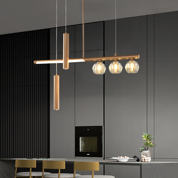 Minimalistischer linearer Kücheninsel-Kronleuchter aus Glas mit 6 Lichtern in goldenem Kristallschirm