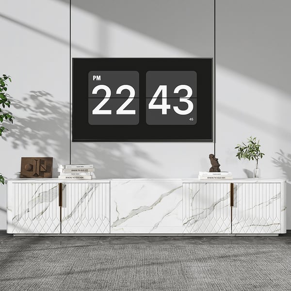 91.7" Wood Low TV Stand for Projector Marble Grain Media Console with 4