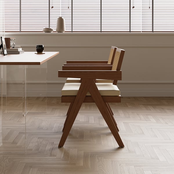 Walnut Japandi Rattan Dining Chair with Upholstery & Solid Wood Frame