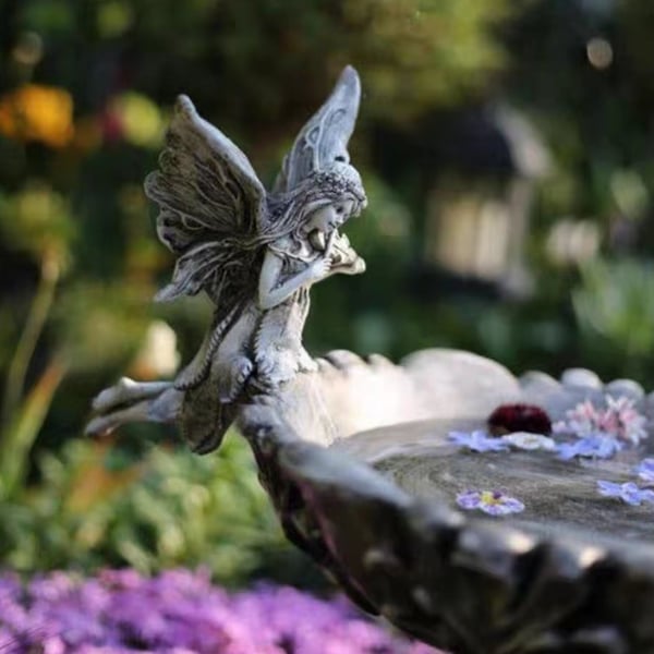 Estatua de jardín de resina vintage europea de 570 mm, con pedestal de ángel, baño para pájaros, escultura al aire libre