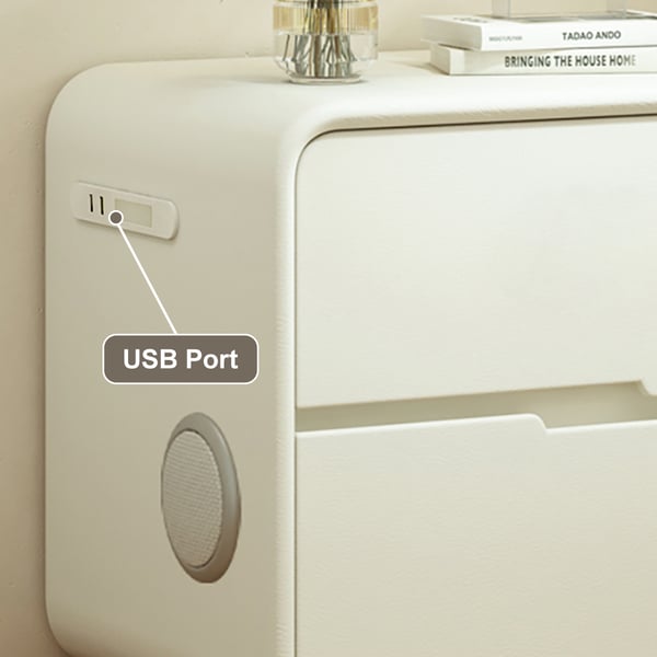 Modern White Leather Smart Nightstand with Light & Wireless Charger