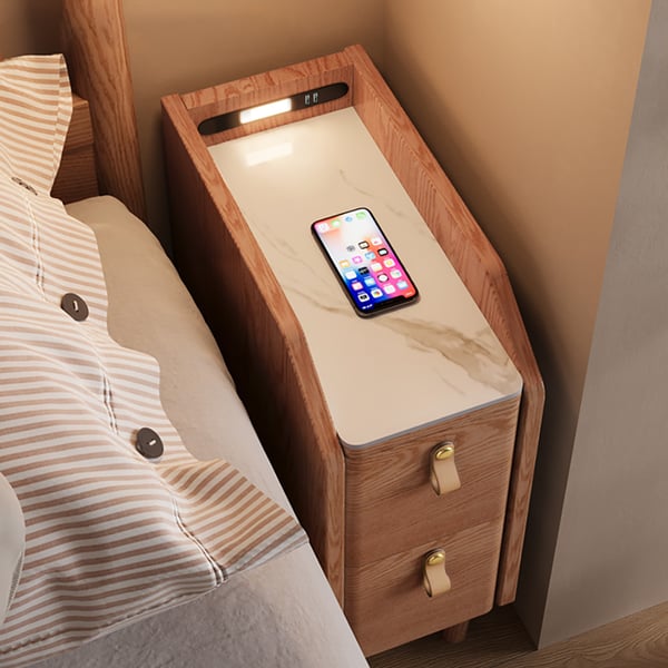 Modern Narrow Smart Nightstand Cherry Bedside Table with Sensor Light
