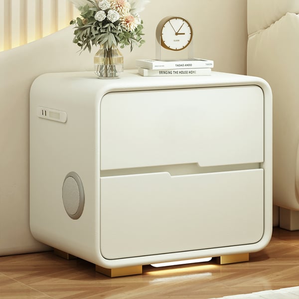 Modern White Leather Smart Nightstand with Light & Wireless Charger