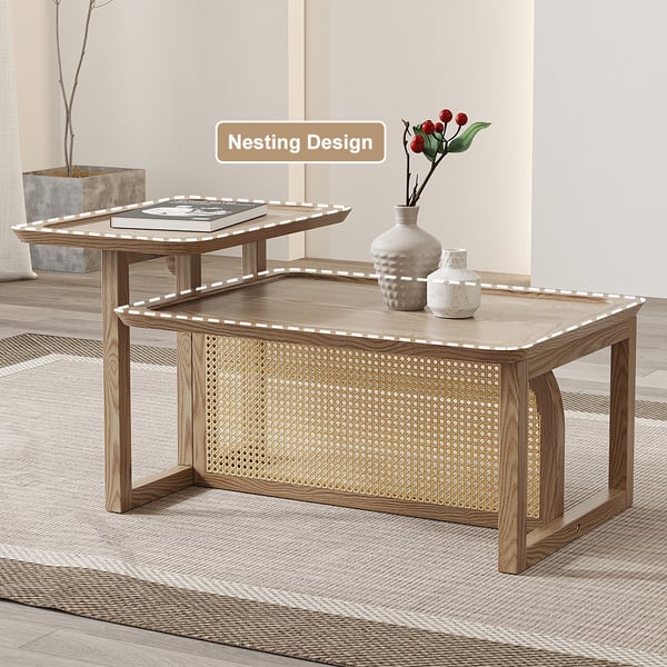 Free Shipping on Modern 2 Piece Nesting Rattan Wood Coffee Table Set in ...