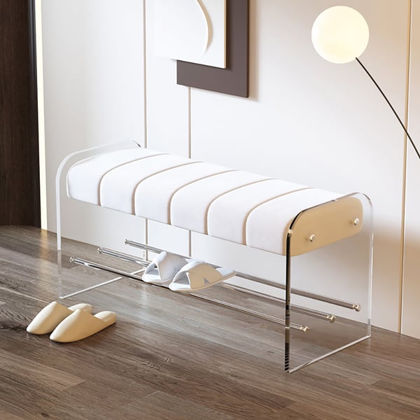Velvet Upholstered Acrylic Entryway Bench Modern Line Bench in White ...