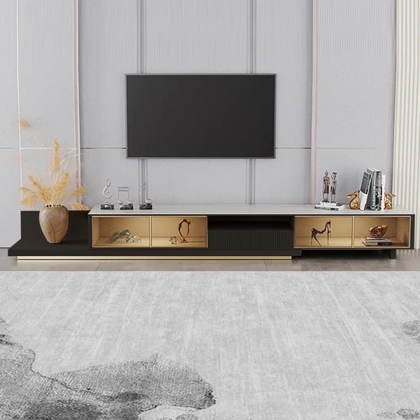 2800mm Black Modern Extendable TV Stand Glass Door Media Console with
