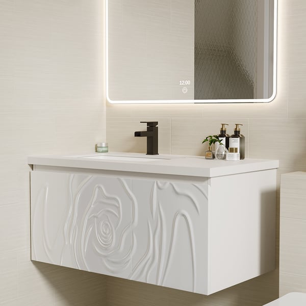 35" White Wall Mounted Hand Carved Bathroom Vanity with Drawers & Doors Homary