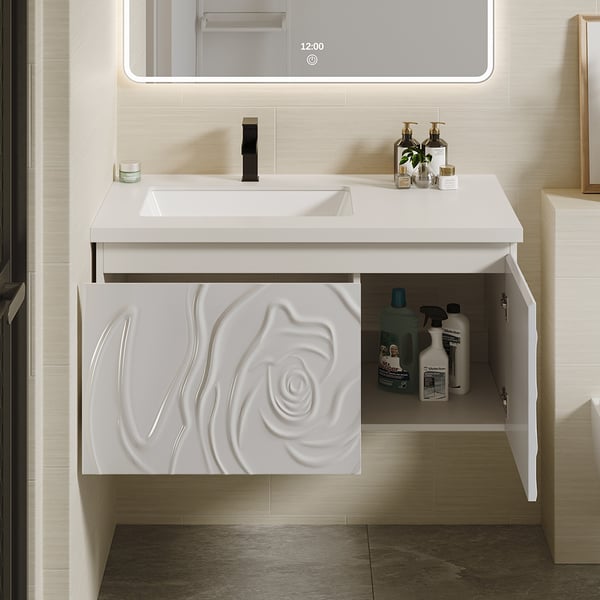 35" White Wall Mounted Hand Carved Bathroom Vanity with Drawers & Doors Homary
