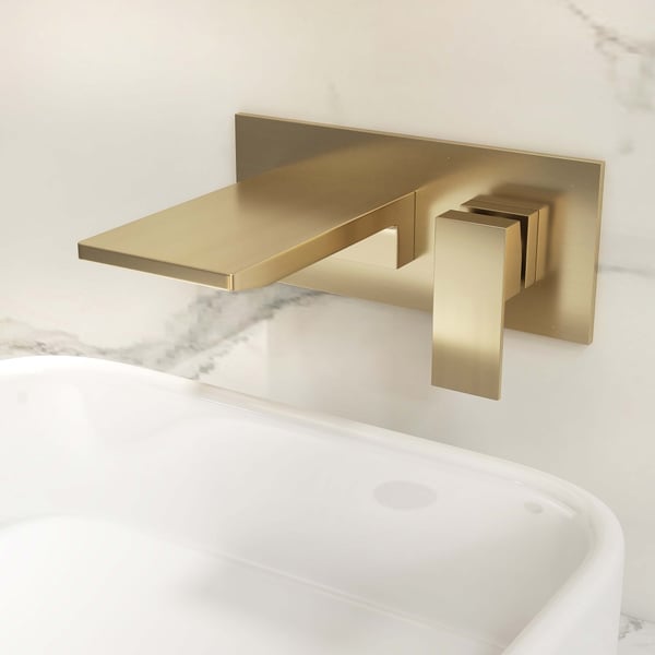 Sleek Brushed Gold Wall Mounted Single Lever Handle Waterfall Bathroom Basin Tap Homary UK