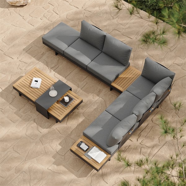 4 Pieces Modern L Shape Outdoor Sectional Sofa Set with Wood Coffee Table in Grey