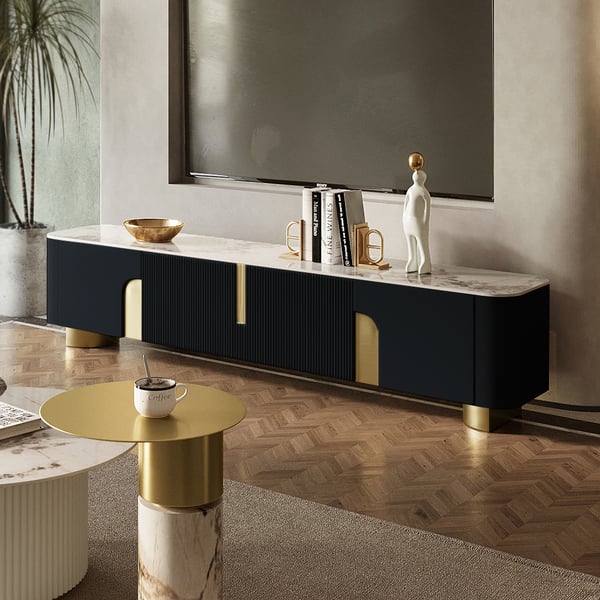 Artus Modern Black TV Stand Stone Top 4 Doors with Storage Media Console TVs up to 85" Homary