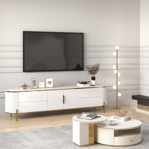 86.6" Modern Elegant Oval TV Console with Drawers & Doors in WhiteHomary