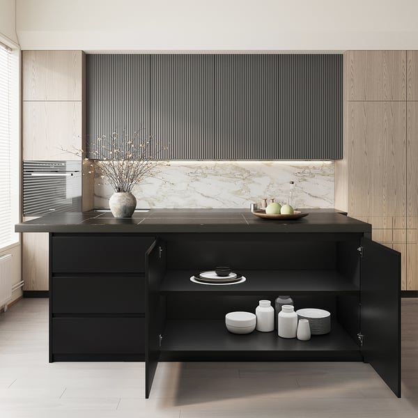 1830mm Large Black Kitchen Island with Storage Marble Veneered