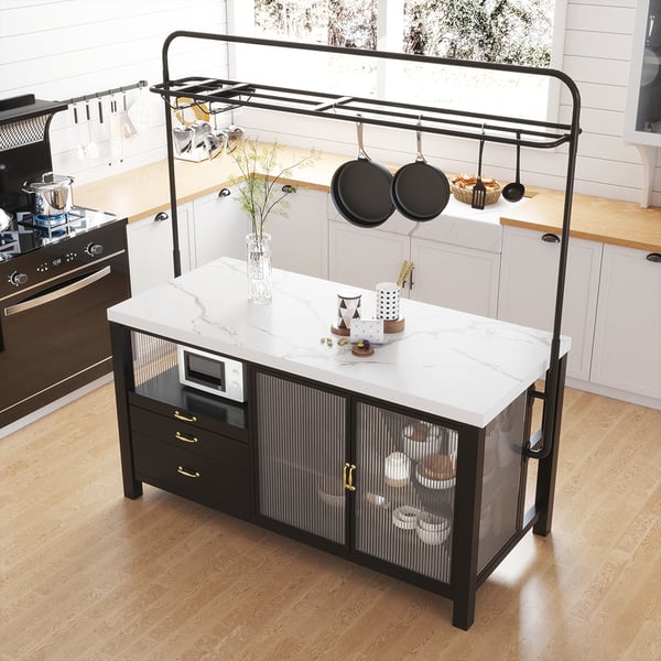 Kitchen Island Cart With Drop Leaf & Trash Cabinet – Mobile Cart With Storage, Spice Rack, Drawers