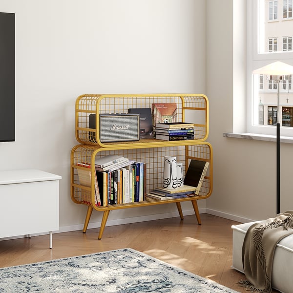 modernes-2-st-ckiges-stehendes-b-cherregal-aus-goldfarbenem-netzstoff
