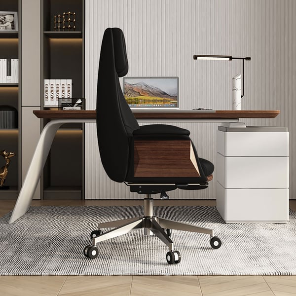 Bürostuhl aus Leder mit hoher Rückenlehne, verstellbarer, drehbarer, verstellbarer Chefsessel aus Leder, Schwarz