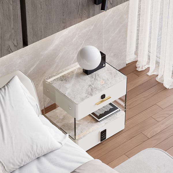 Modern White Smart Leather Nightstand with Light & Sintered Stone Top