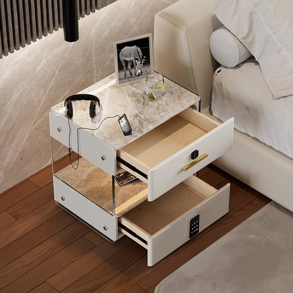 Modern White Smart Leather Nightstand with Light & Sintered Stone Top