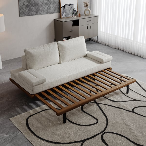 Mid Century Modern Pull Out Sofa Bed White Wood Convertible Sleeper ...