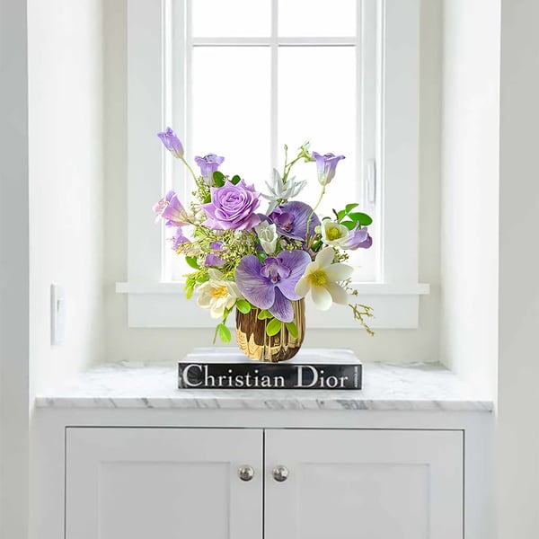 Purple Artificial Flower Arrangement in Gold Vase Fake Flower Dining