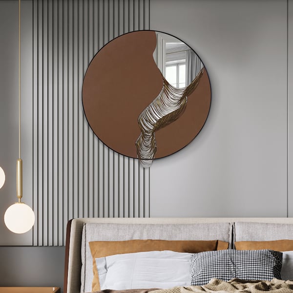 600mm Modern Abstract Round Wall Decor Geometric PU Leather & Glass Art