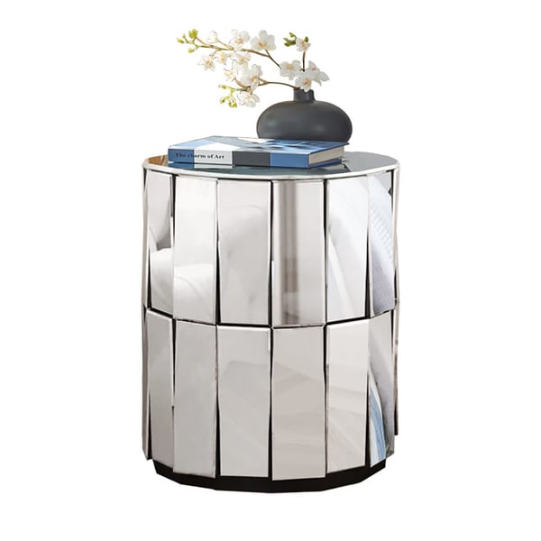 Glam Mirrored Drum Side Table Round End Table in Silver Homary UK