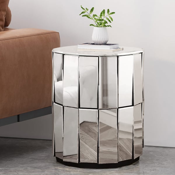Glam Mirrored Drum Side Table Round End Table in Silver Homary UK
