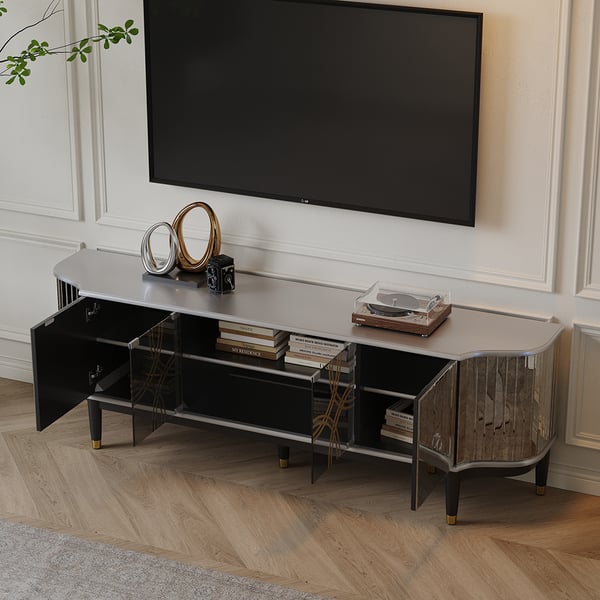 70.8" Midcentury Modern Black & Silver Antique Mirror TV Stand Glass