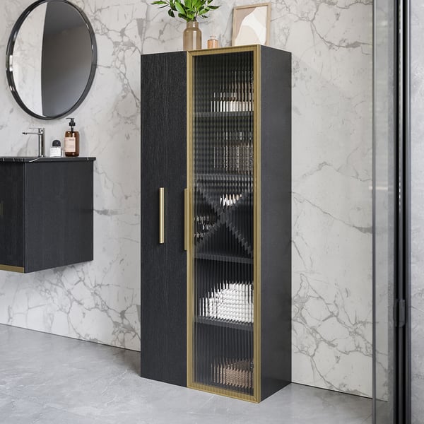 Moderner freistehender Badezimmerschrank mit ausziehbarem Radschrank in Schwarz und Gold