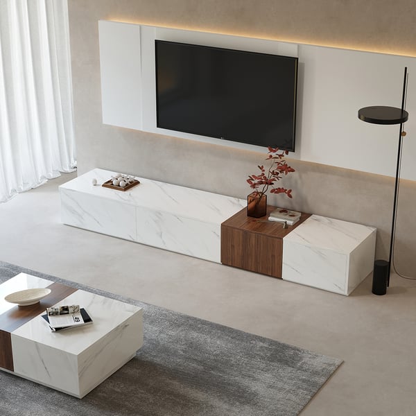 Meuble TV Design Marbre 200x40x46 Cm - Avec 4 Portes, 1 Tiroir Et Gestion Des Câbles - Pour TV Jusqu'à 90 Pouces